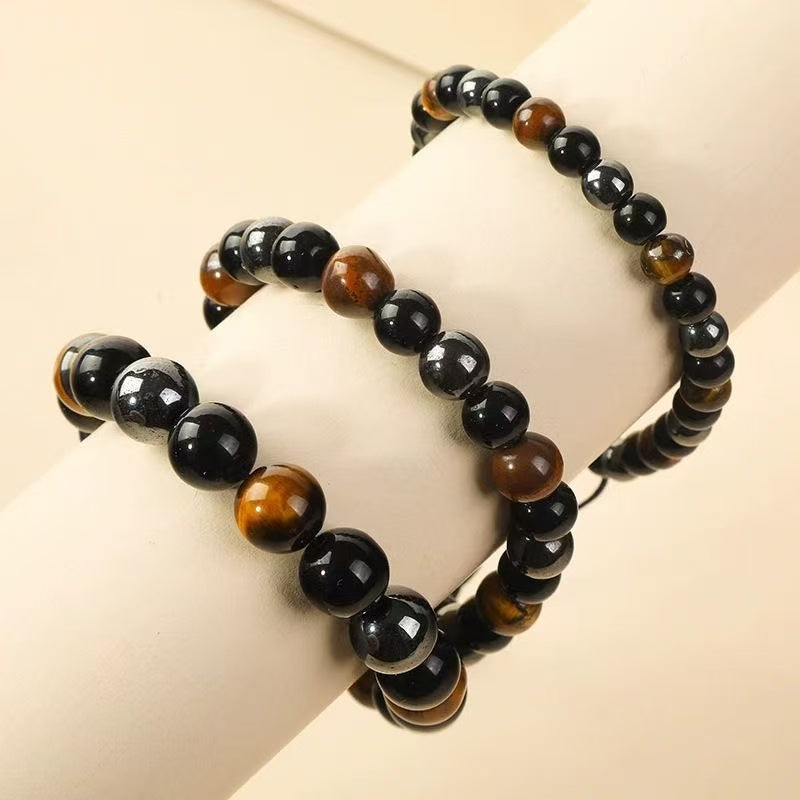 Tiger Eye, Black Obsidian & Hematite Triple Protection Bracelet — Strength, Grounding & Positive Energy