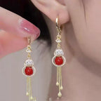 Red Agate Gold Tassel Drop Earrings