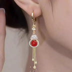 Red Agate Gold Tassel Drop Earrings