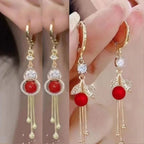 Red Agate Gold Tassel Drop Earrings