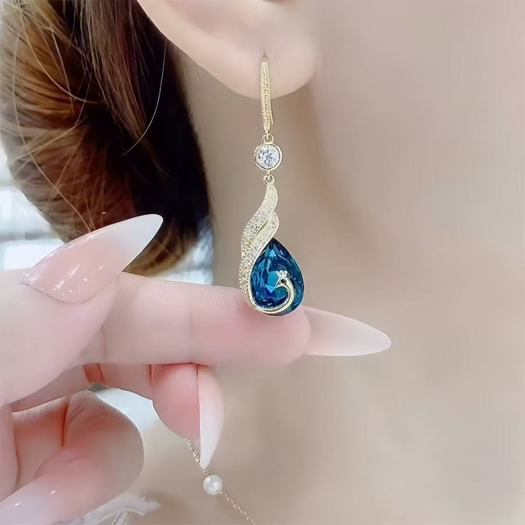 Blue Crystal Peacock Drop Earrings