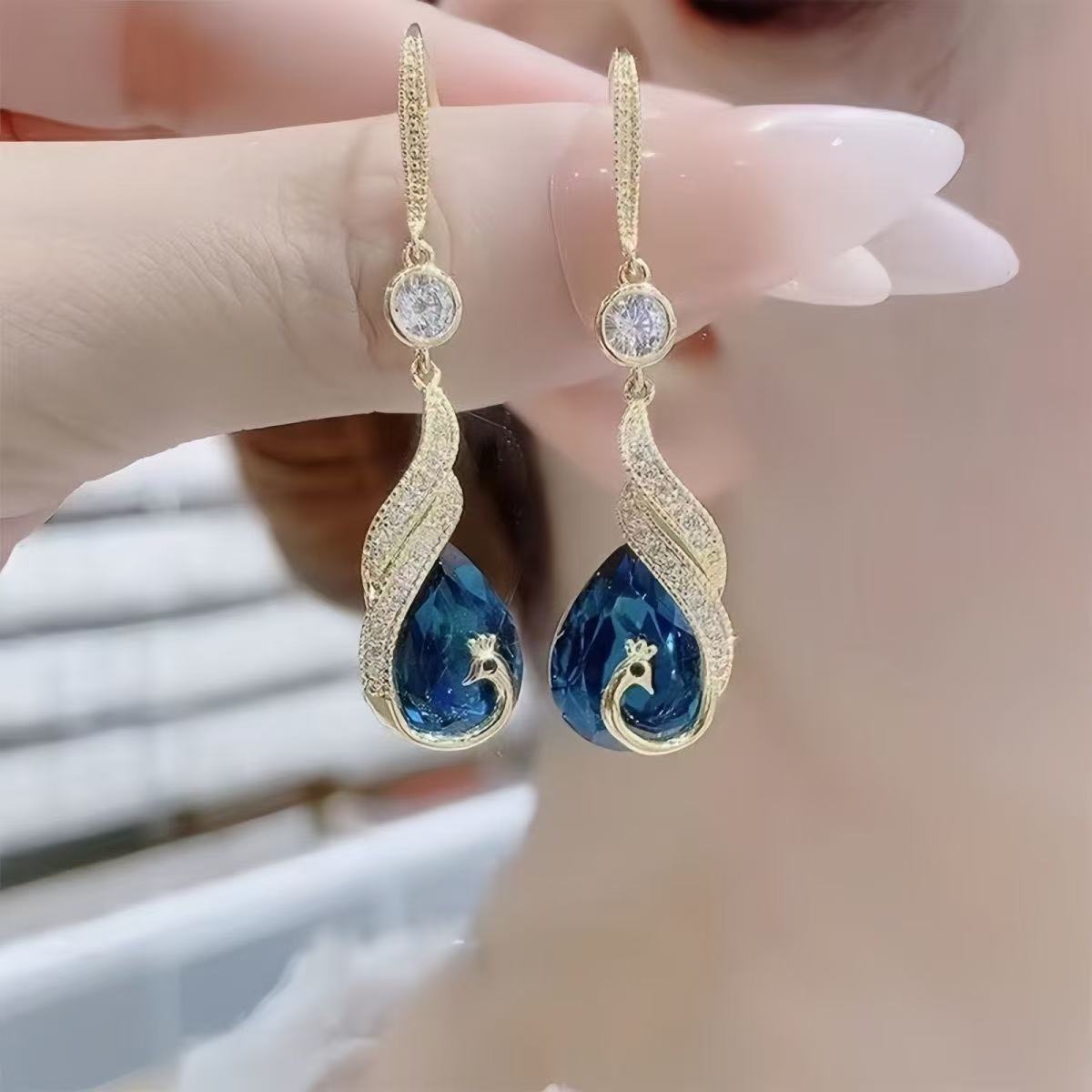 Blue Crystal Peacock Drop Earrings