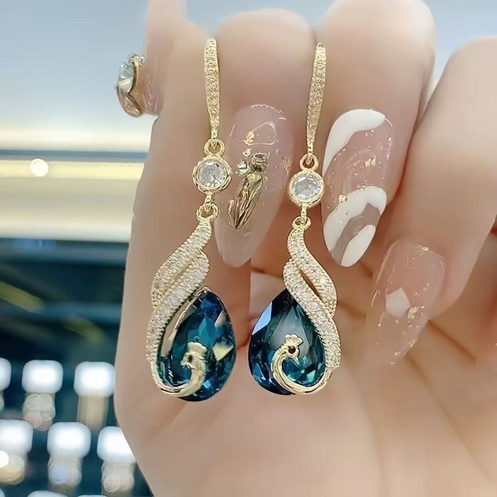 Blue Crystal Peacock Drop Earrings