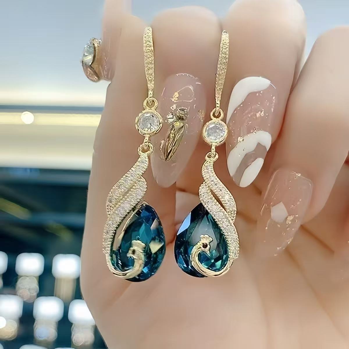 Blue Crystal Peacock Drop Earrings
