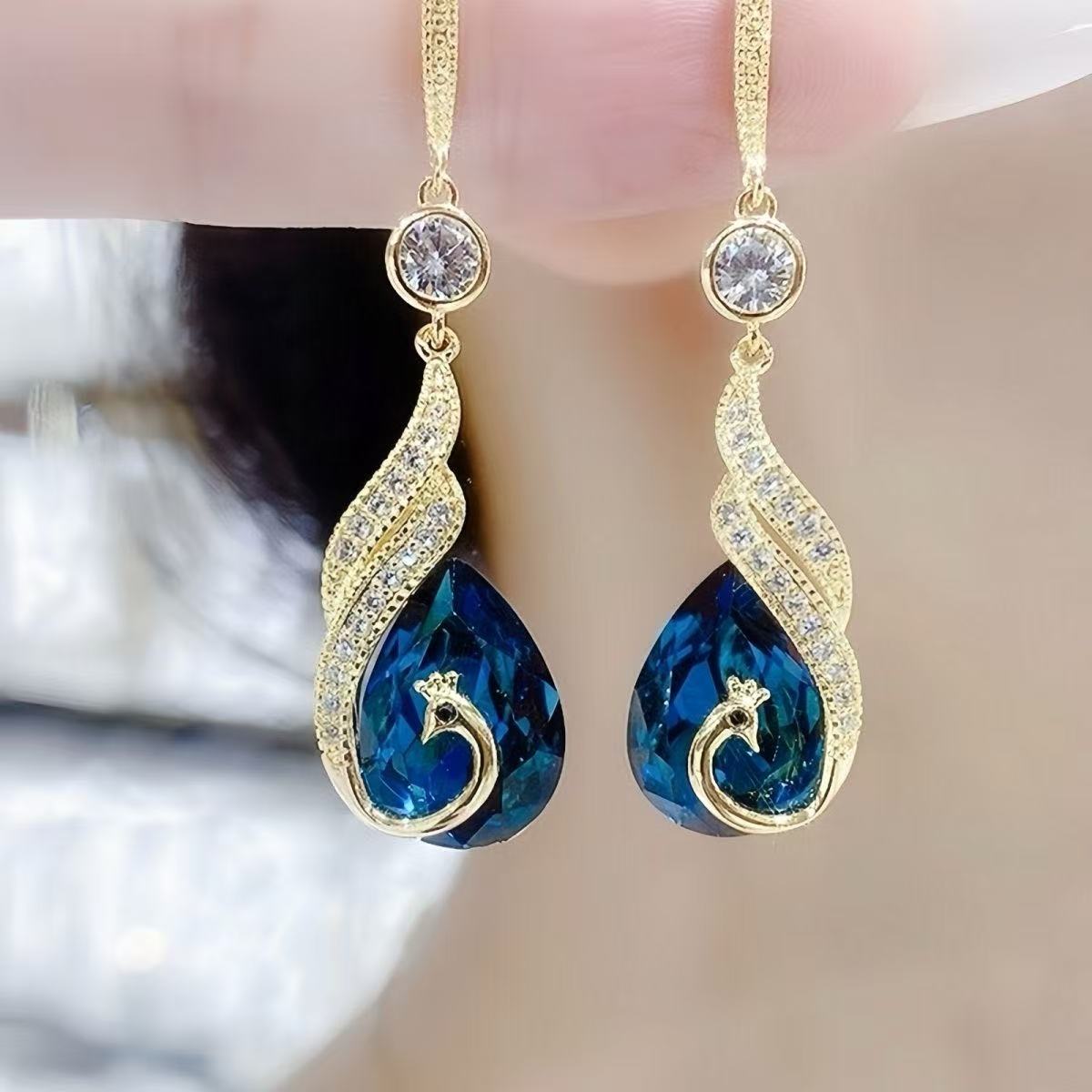 Blue Crystal Peacock Drop Earrings