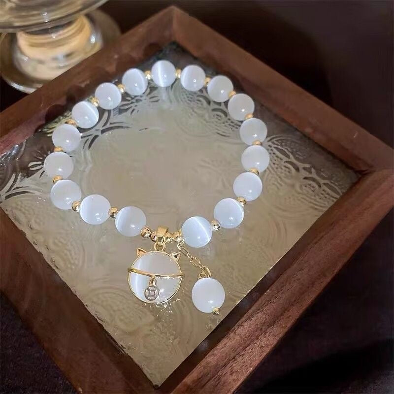 White Cat Eye Stone Bracelet — Lucky Cat Charm