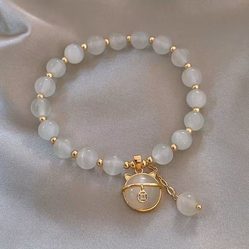White Cat Eye Stone Bracelet — Lucky Cat Charm