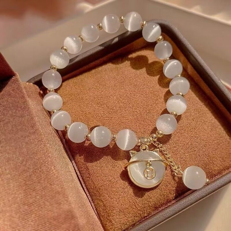 White Cat Eye Stone Bracelet — Lucky Cat Charm