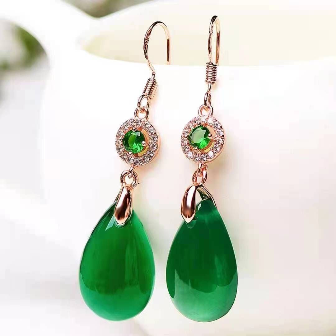 Green Jade Teardrop Drop Earrings with Crystal Halo
