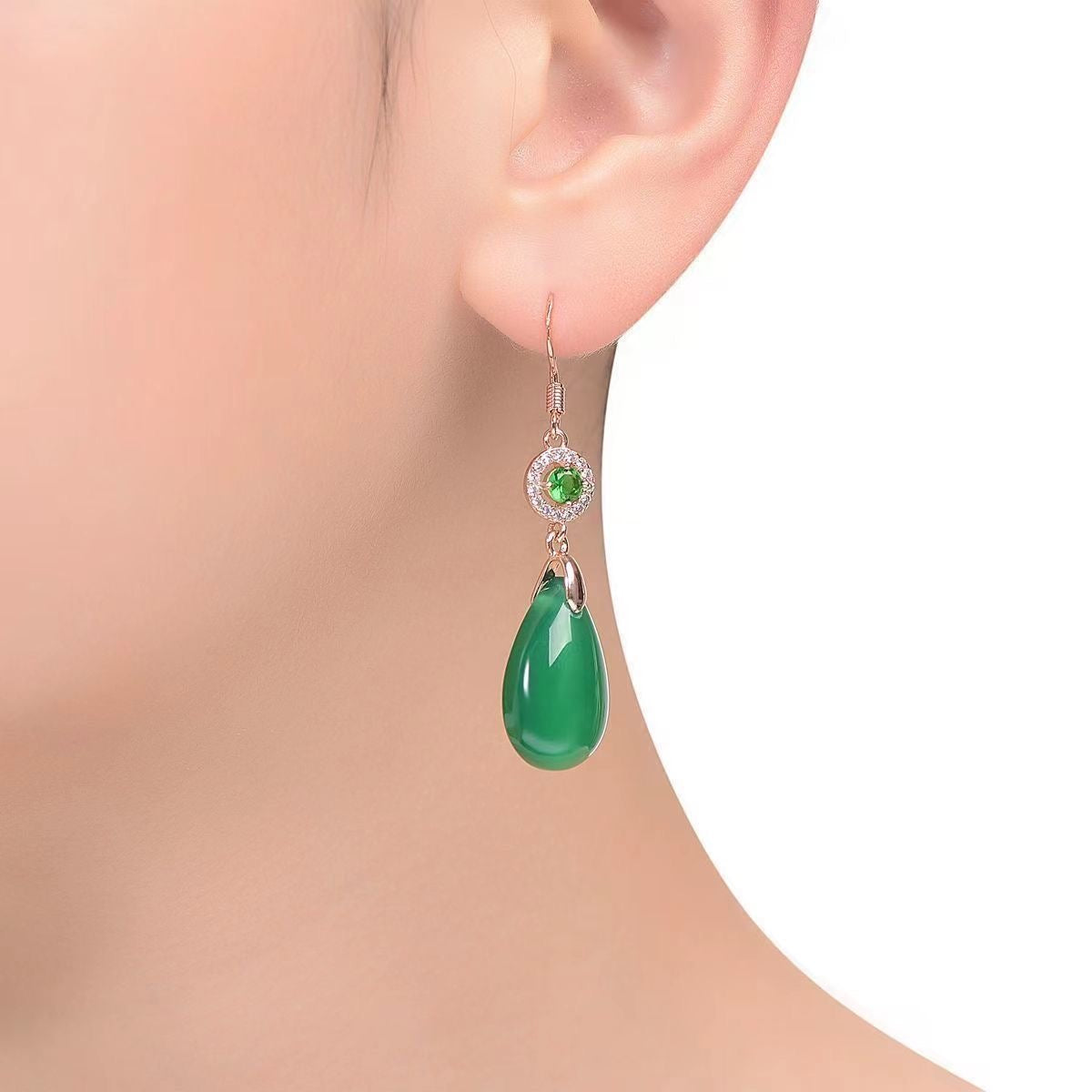 Green Jade Teardrop Drop Earrings with Crystal Halo
