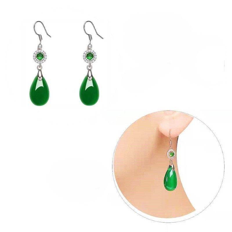 Green Jade Teardrop Drop Earrings with Crystal Halo