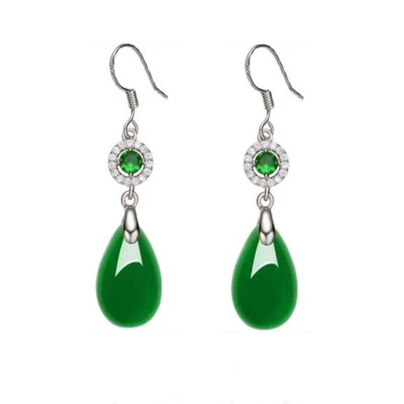 Green Jade Teardrop Drop Earrings with Crystal Halo