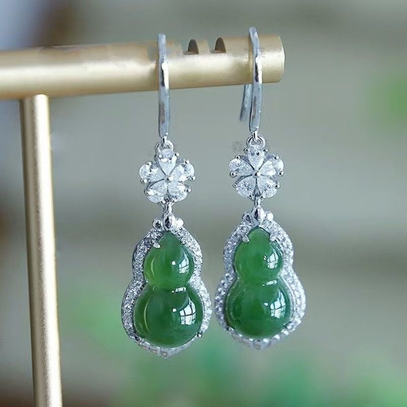 Green Jade Gourd Drop Earrings — Crystal Flower Top | Wealth & Longevity Symbol