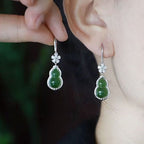 Green Jade Gourd Drop Earrings — Crystal Flower Top | Wealth & Longevity Symbol