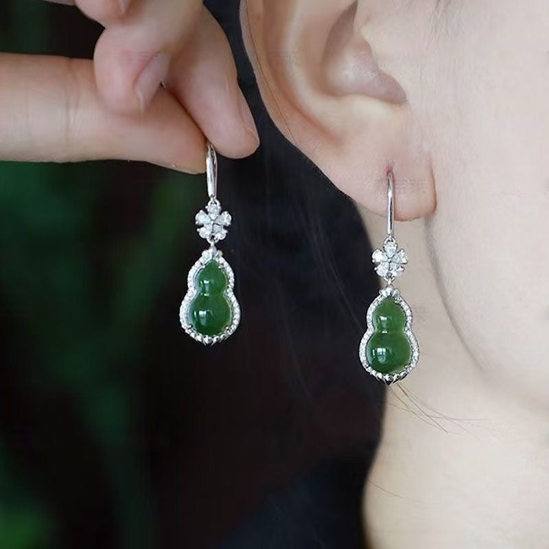 Green Jade Gourd Drop Earrings — Crystal Flower Top | Wealth & Longevity Symbol