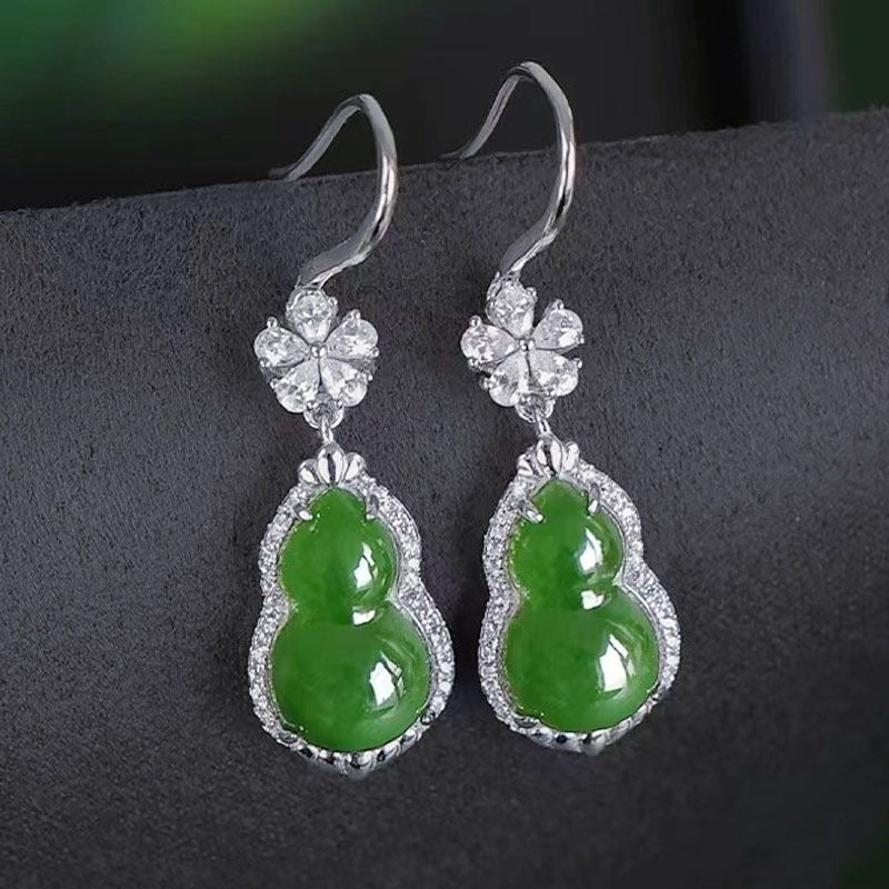 Green Jade Gourd Drop Earrings — Crystal Flower Top | Wealth & Longevity Symbol