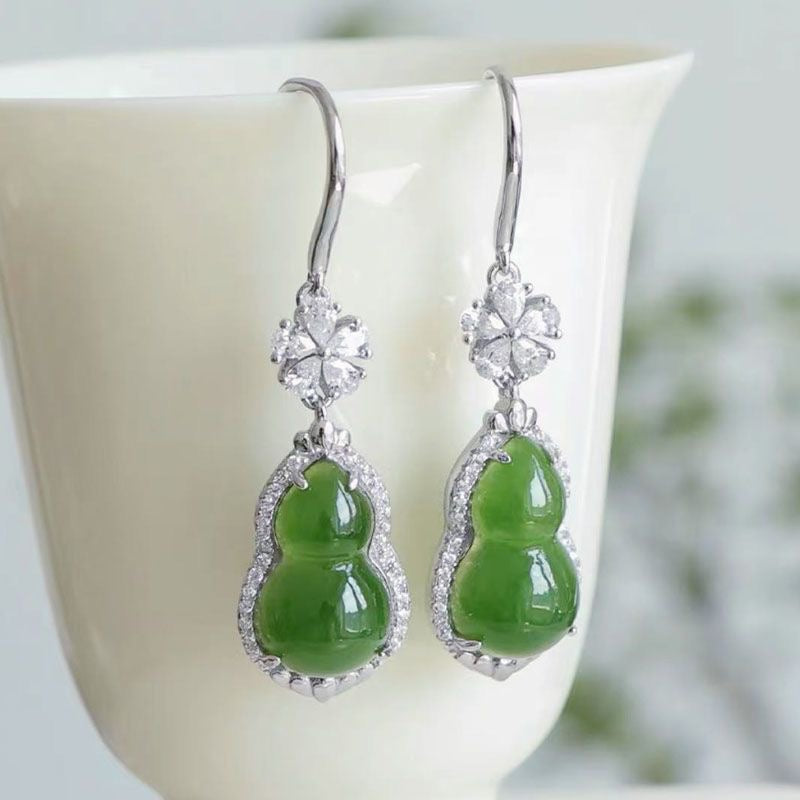 Green Jade Gourd Drop Earrings — Crystal Flower Top | Wealth & Longevity Symbol