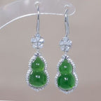 Green Jade Gourd Drop Earrings — Crystal Flower Top | Wealth & Longevity Symbol