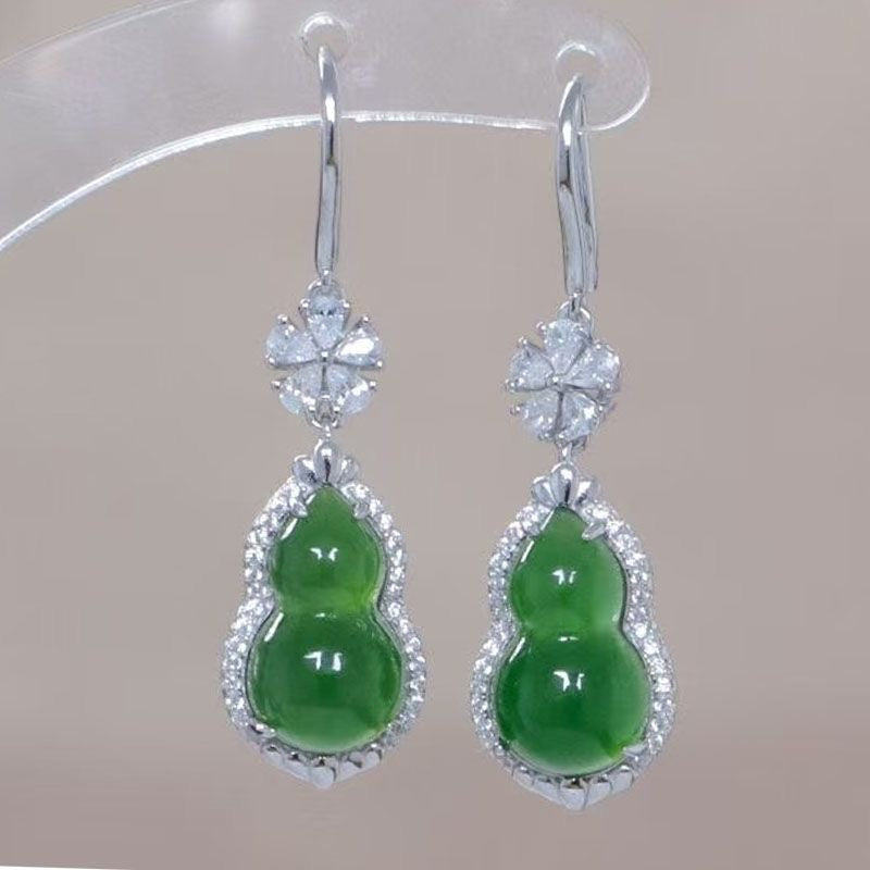 Green Jade Gourd Drop Earrings — Crystal Flower Top | Wealth & Longevity Symbol