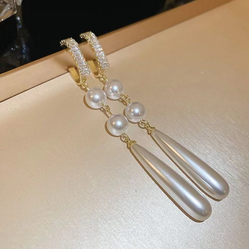 Pearl & Crystal Hoop Long Teardrop Earrings — Elegant Drop Chain