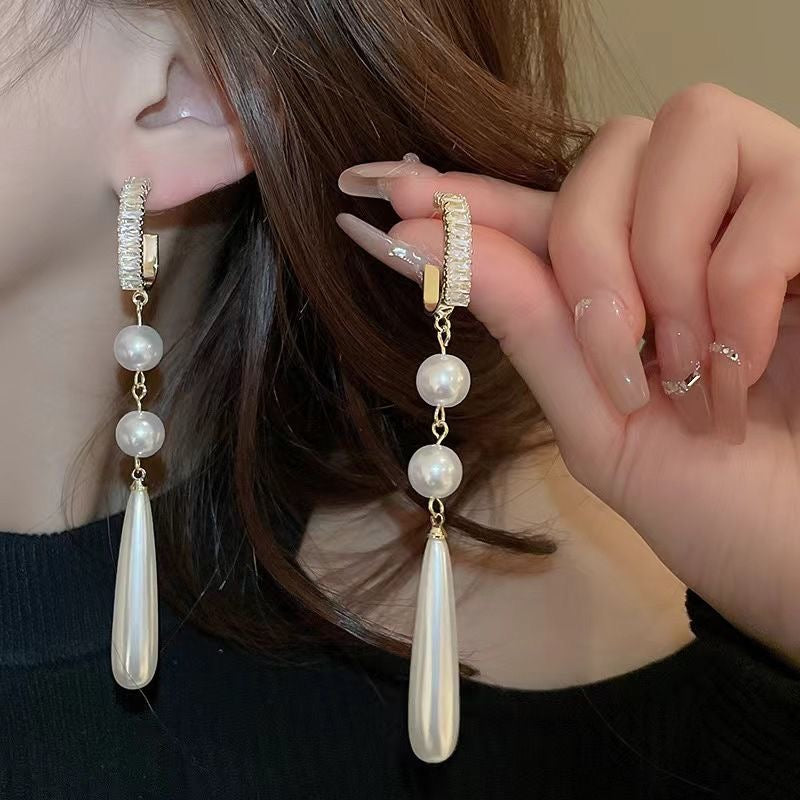 Pearl & Crystal Hoop Long Teardrop Earrings — Elegant Drop Chain