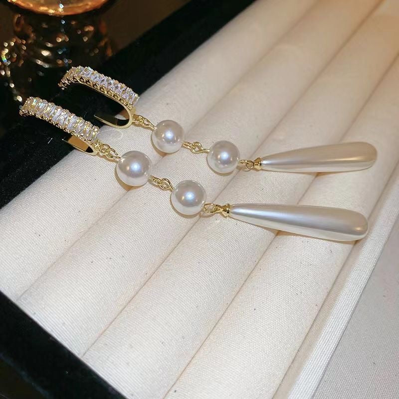 Pearl & Crystal Hoop Long Teardrop Earrings — Elegant Drop Chain