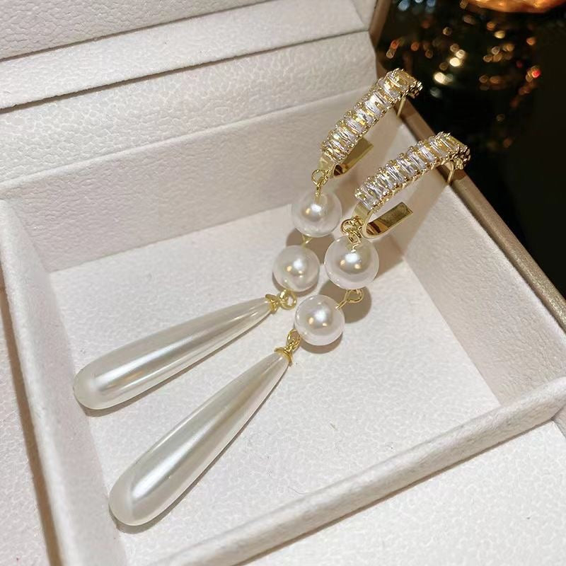 Pearl & Crystal Hoop Long Teardrop Earrings — Elegant Drop Chain
