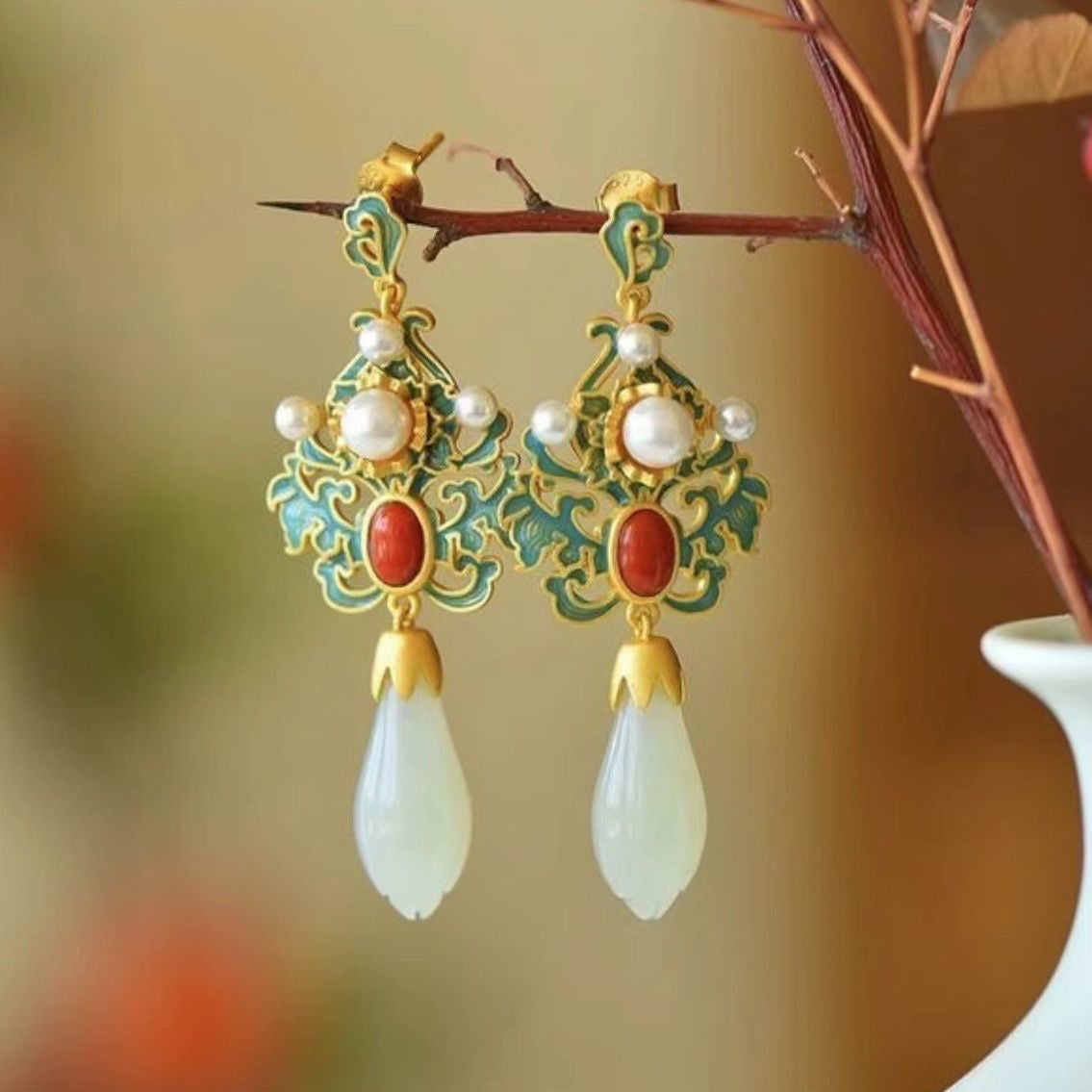 White Jade & Pearl Cloisonné Enamel Drop Earrings — Dynasty Heritage Collection