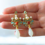White Jade & Pearl Cloisonné Enamel Drop Earrings — Dynasty Heritage Collection