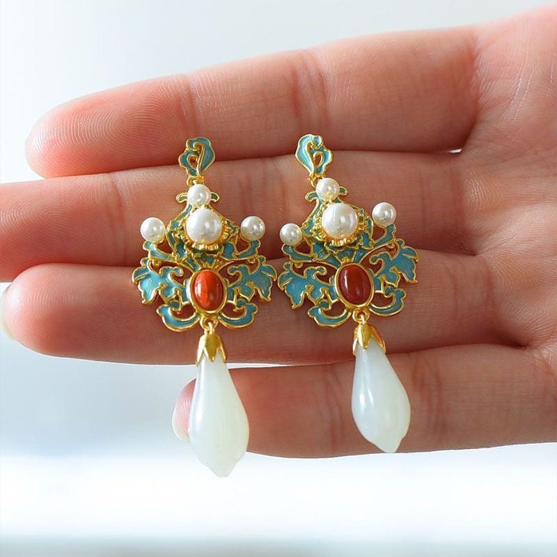 White Jade & Pearl Cloisonné Enamel Drop Earrings — Dynasty Heritage Collection