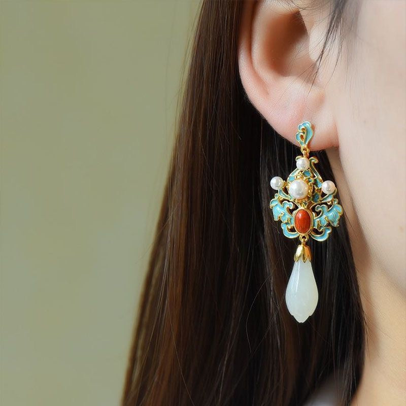White Jade & Pearl Cloisonné Enamel Drop Earrings — Dynasty Heritage Collection