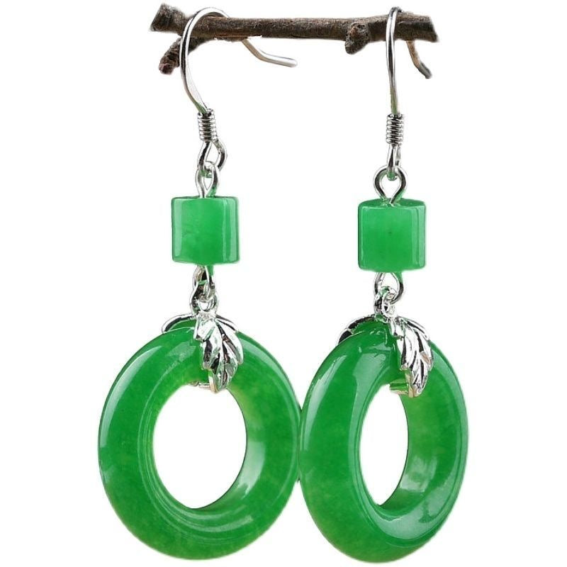 Green Jade Peace Buckle Drop Earrings — Lucky Circle & Silver Leaf