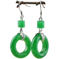 Green Jade Peace Buckle Drop Earrings — Lucky Circle & Silver Leaf