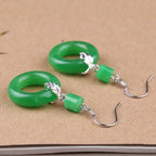 Green Jade Peace Buckle Drop Earrings — Lucky Circle & Silver Leaf