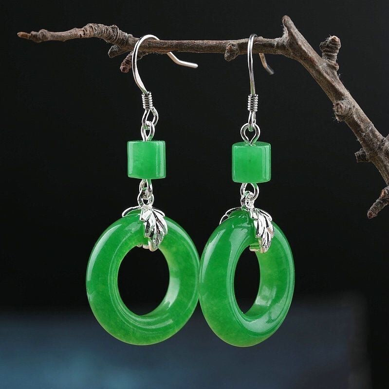 Green Jade Peace Buckle Drop Earrings — Lucky Circle & Silver Leaf