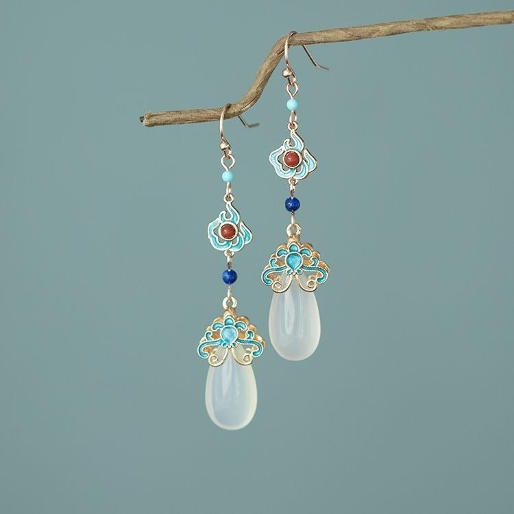 White Jade & Enamel Auspicious Cloud Drop Earrings — Dynasty Hanfu Style