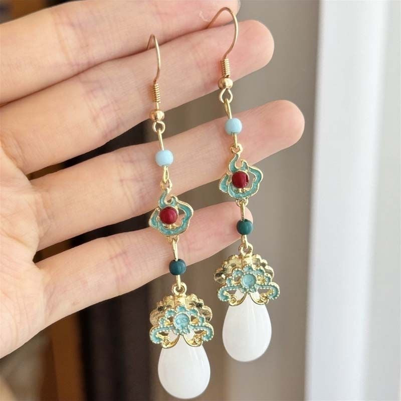 White Jade & Enamel Auspicious Cloud Drop Earrings — Dynasty Hanfu Style