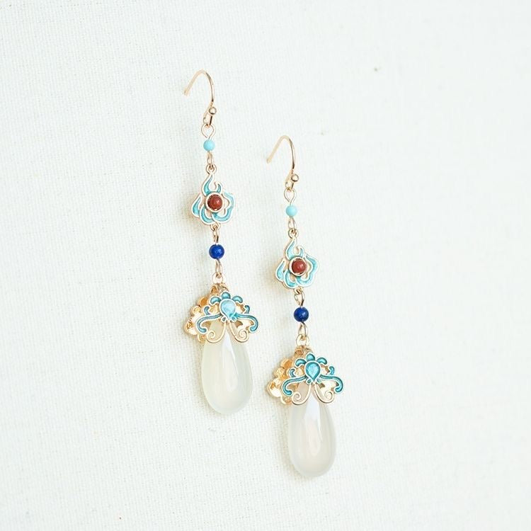 White Jade & Enamel Auspicious Cloud Drop Earrings — Dynasty Hanfu Style
