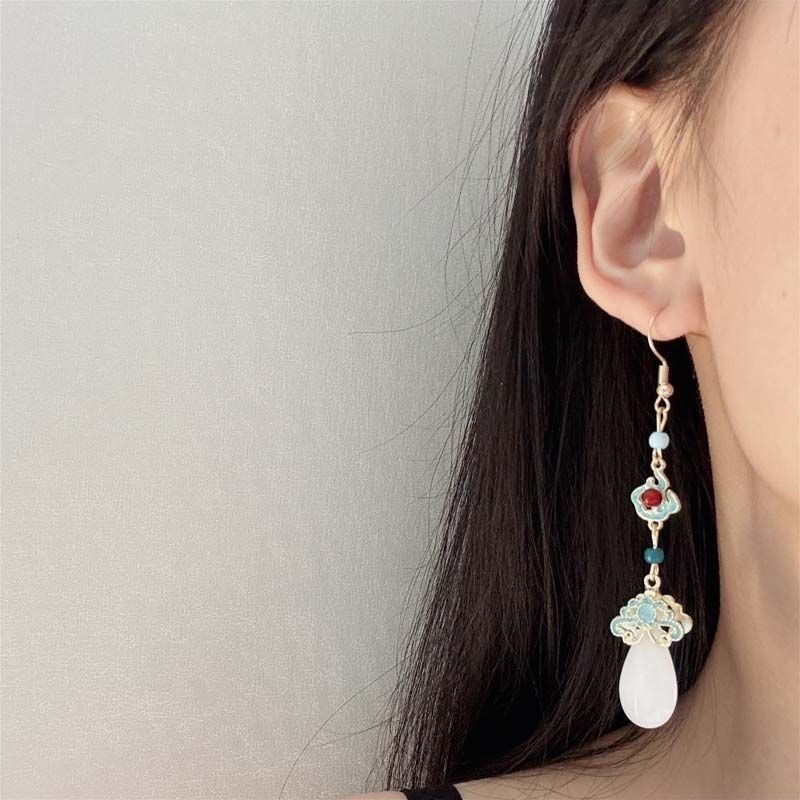 White Jade & Enamel Auspicious Cloud Drop Earrings — Dynasty Hanfu Style