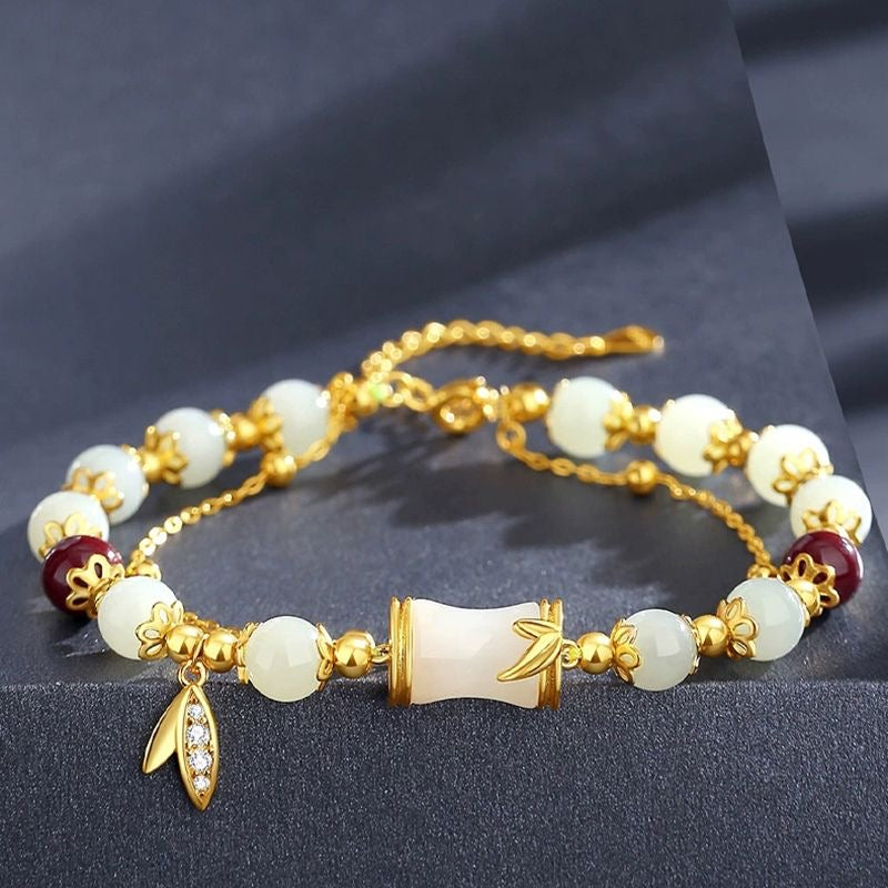 White Jade & Red Agate Bracelet | 24K Gold Bamboo Charm Adjustable