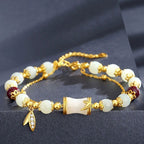 White Jade & Red Agate Bracelet | 24K Gold Bamboo Charm Adjustable