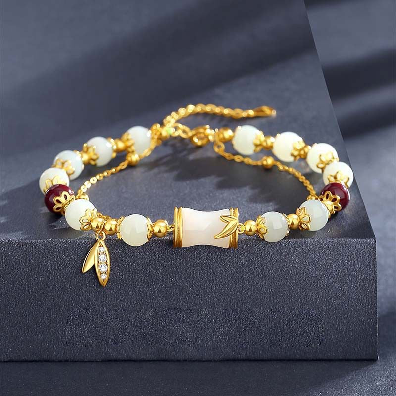 White Jade & Red Agate Bracelet | 24K Gold Bamboo Charm Adjustable
