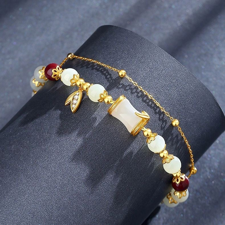 White Jade & Red Agate Bracelet | 24K Gold Bamboo Charm Adjustable