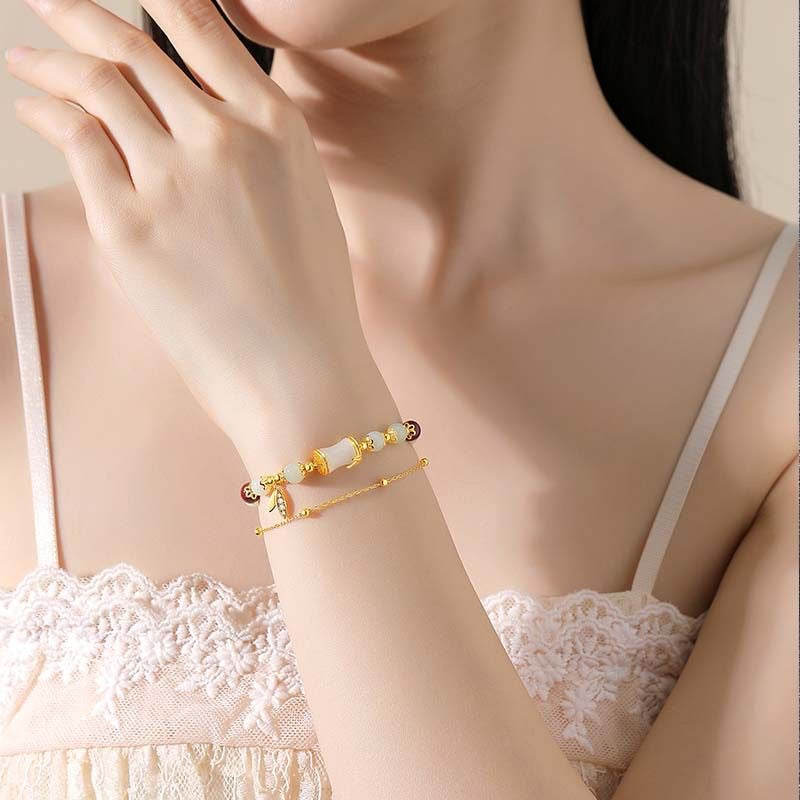 White Jade & Red Agate Bracelet | 24K Gold Bamboo Charm Adjustable
