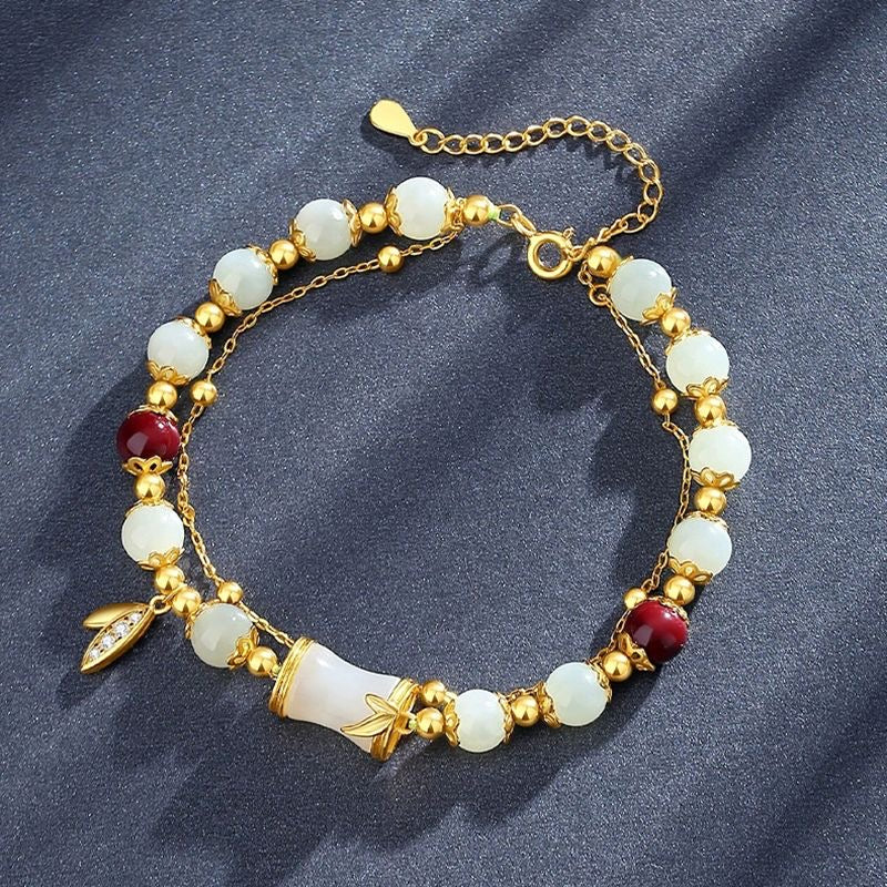 White Jade & Red Agate Bracelet | 24K Gold Bamboo Charm Adjustable