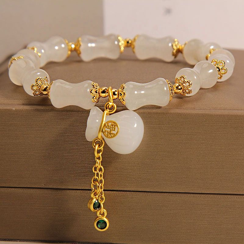 White Jade Gourd Bracelet | 24K Gold-Plated Lotus Charm Adjustable