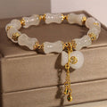 White Jade Gourd Bracelet | 24K Gold-Plated Lotus Charm Adjustable