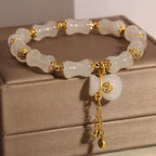White Jade Gourd Bracelet | 24K Gold-Plated Lotus Charm Adjustable