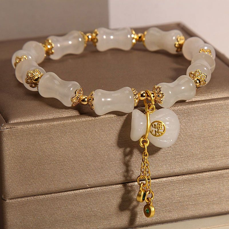 White Jade Gourd Bracelet | 24K Gold-Plated Lotus Charm Adjustable