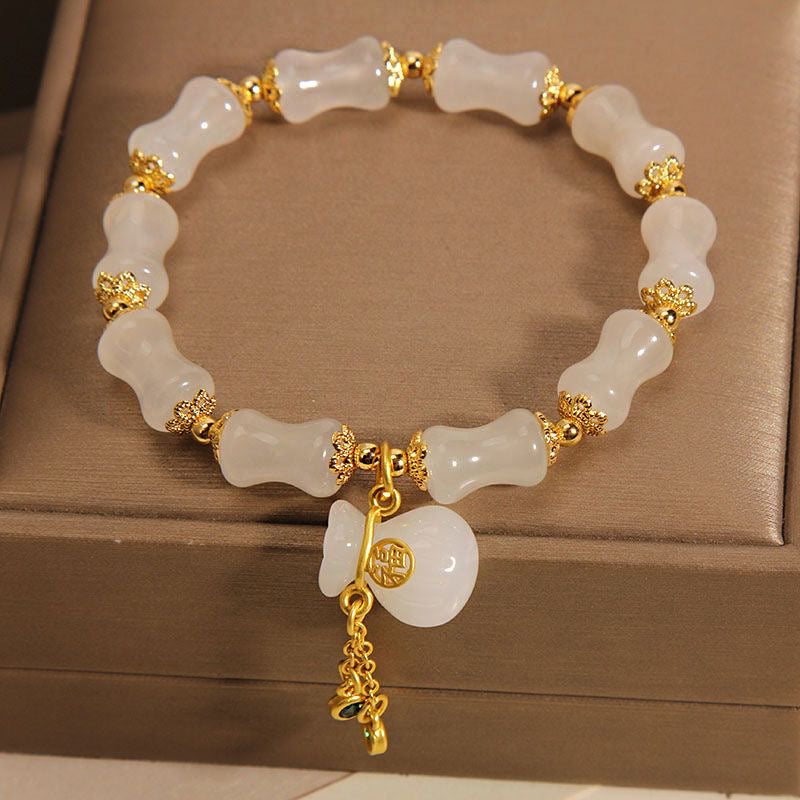 White Jade Gourd Bracelet | 24K Gold-Plated Lotus Charm Adjustable